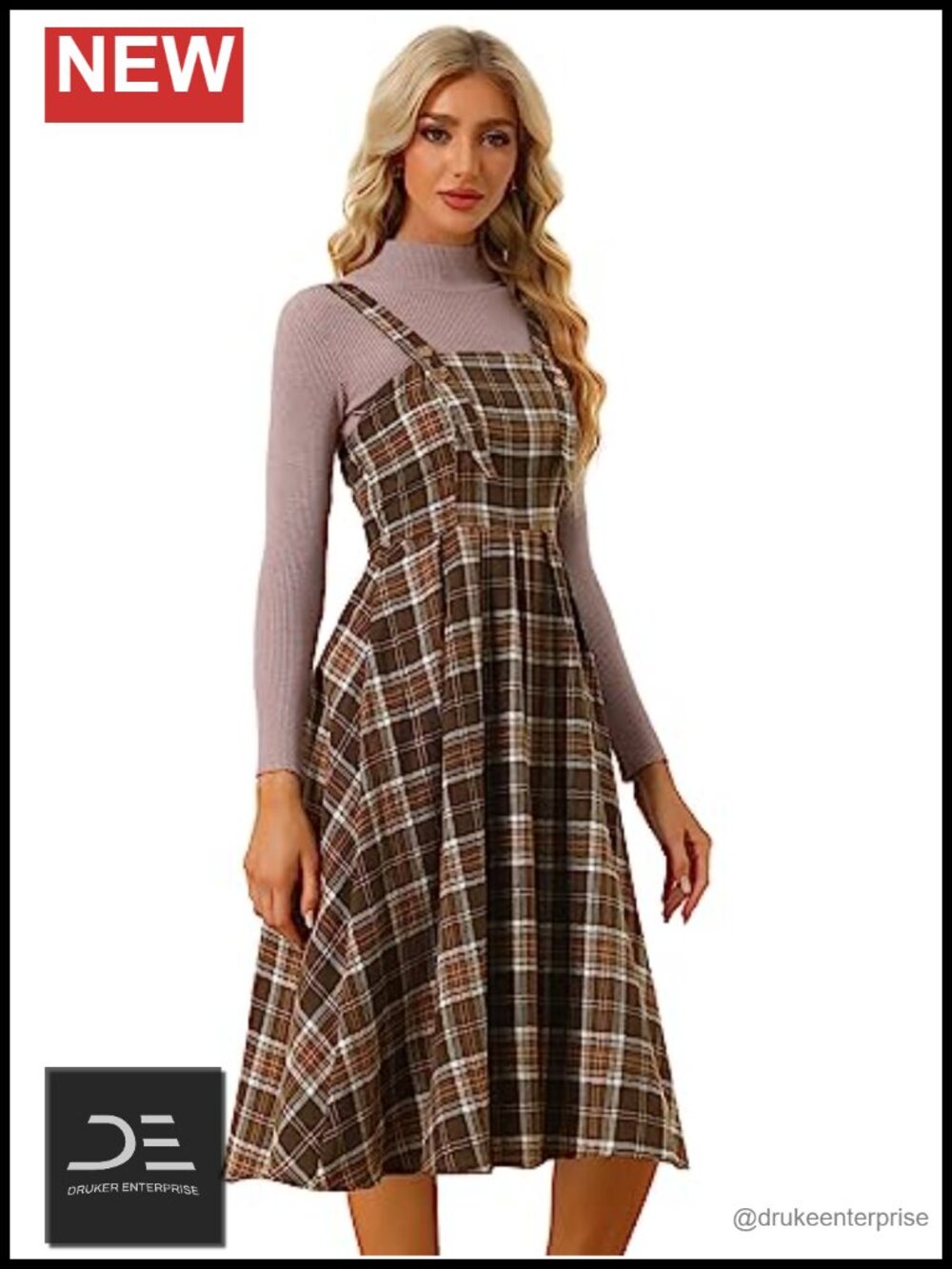 Vintage Plaid Sleeveless Suspender Overall Midi Dress Square Neck A-Line